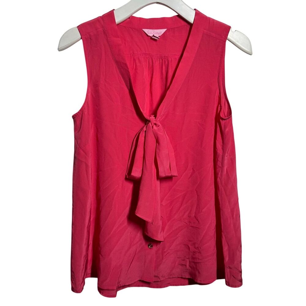 Lilly Pulitzer Silk Hot Pink TieNeck Tank Blouse Women S ButtonUp Minimal Office